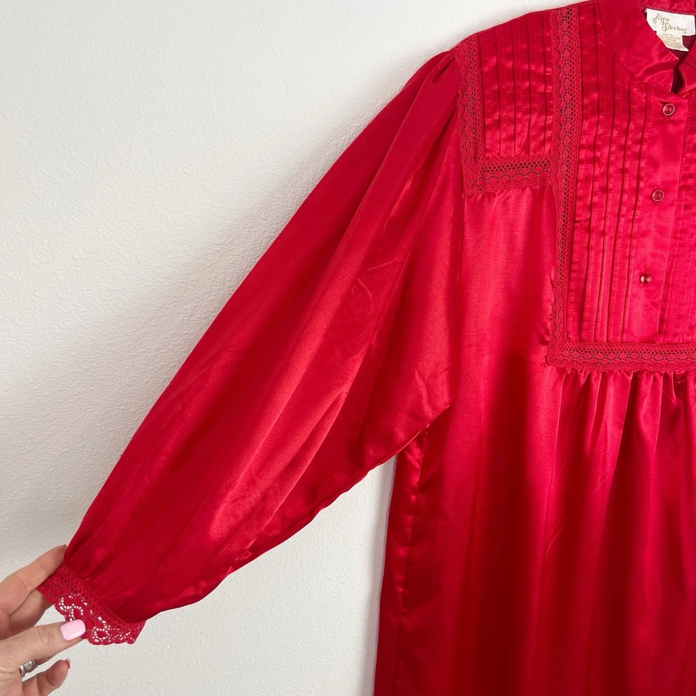 Vintage Ilise Stevens Red Satin Nightgown S – Lace Modest Long Sleeve Taiwan - Picture 4 of 9
